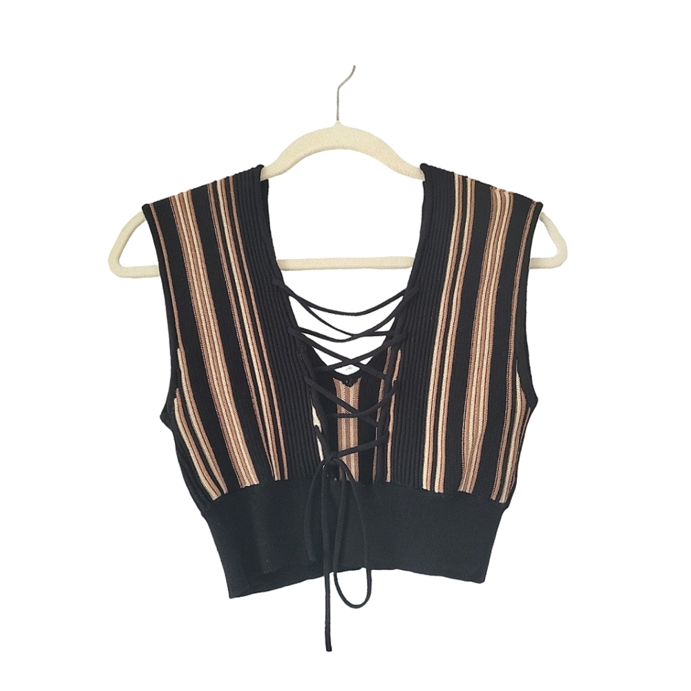 Beige And Black Front And Back Reversible Ribbed Top